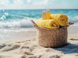 Beach towels and skincare products by the ocean shore photo