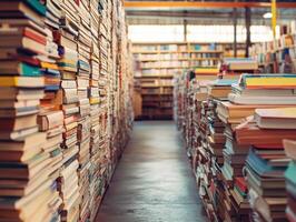 Book-filled aisle in an expansive library with warm lighting photo