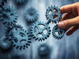 Hand assembling gray gears in a creative workspace environment photo