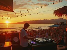 Sunset DJ performance on a beach during a vibrant summer evening photo