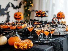 Halloween party decorations with spooky treats and drinks on display photo