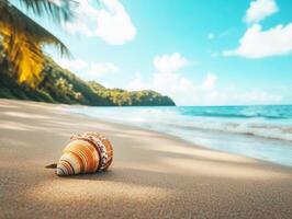 Seashell resting on sandy beach under bright blue sky photo