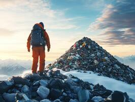 Man in orange suit standing on a mountain of trash at sunrise photo
