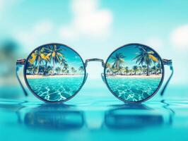 Sunglasses reflecting a tropical beach and calming ocean water photo