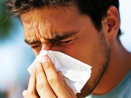 Man sneezes while using a tissue outdoors on a sunny day photo