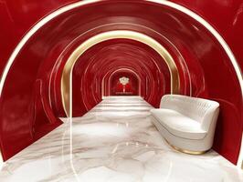 Stylish red hallway with white seating creates modern atmosphere photo