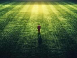Player stands alone on vibrant grass field during golden hour photo
