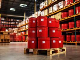 Storage area featuring stacked red containers on a pallet photo