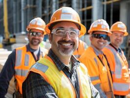 Construction workers smiling at a job site during daylight hours photo