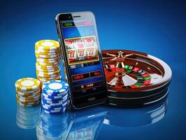 Casino game on smartphone with chips and roulette in background photo