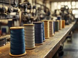 Spools of thread organized on a wooden table in a textile workshop photo