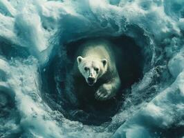 Polar bear emerging from icy waters in Arctic landscape photo