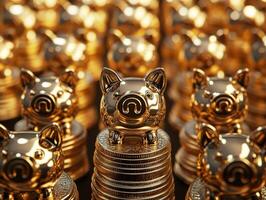 Golden piggy banks stacked on coins in bright display photo