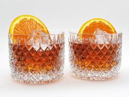 Refreshing cocktails served in crystal glasses with orange slices photo