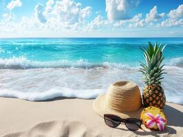 Relaxing beach scene with pineapple and hat near the ocean photo