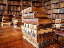 Old leather-bound books stacked in a historic library setting photo
