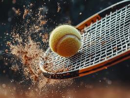 Captured moment of a tennis ball hitting the racket during a match photo