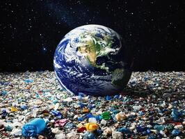 Planet Earth surrounded by plastic waste in vast ocean space photo