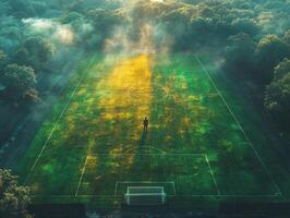 Misty soccer field with player at sunrise in serene landscape photo
