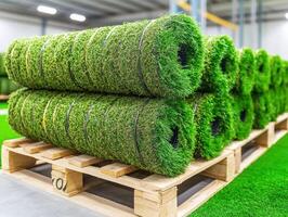 Artificial grass rolls stacked on pallets in a warehouse location photo