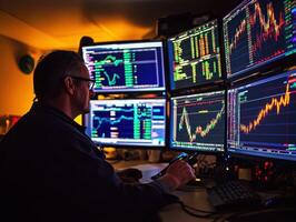 Trader analyzes market trends with multiple screens at night photo