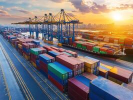 Container shipping terminal at sunset with cranes and cargo photo