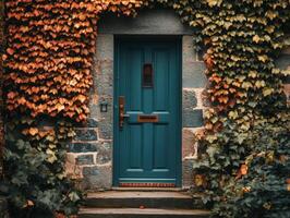 Beautiful teal door surrounded by autumn leaves in a quaint setting photo