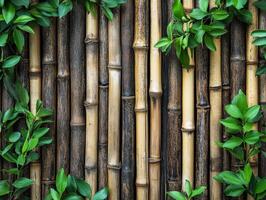 Bamboo wall adorned with green leaves in a natural setting photo