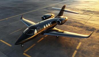 Private jet on runway during golden hour with reflective surface photo