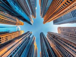 Skyscrapers reach for the sky in a modern cityscape photo
