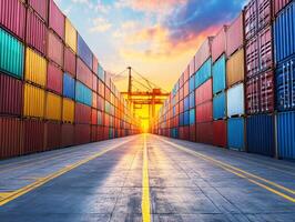 Cargo shipping containers lined up at sunset in a busy port photo