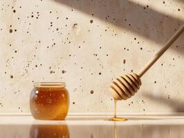 Honey jar with wooden dipper on textured surface near sunlight photo