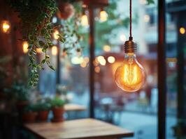 Rustic cafe interior with vintage lighting and plants photo