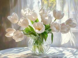 White tulips in a glass vase beside a window with sunlight photo