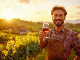 Happy vineyard owner enjoys a glass of wine at sunset photo