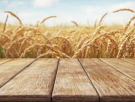 Wheat field with wooden surface in bright daylight photo