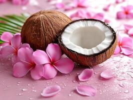 Coconut halves surrounded by pink flowers on a pink surface photo