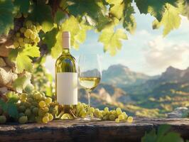 Wine bottle and glass in vineyard under a sunny sky photo