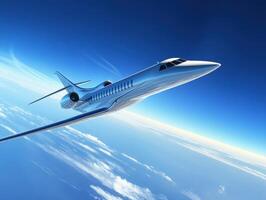 Luxury jet soaring high above the clouds during bright daylight photo