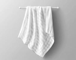 Soft white towel hung neatly on a minimalistic rack photo