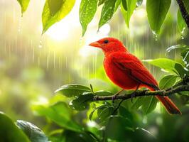 Vivid red bird perched on branch in lush, rainy forest setting photo