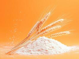 Flour and wheat stalks on vibrant orange background display photo