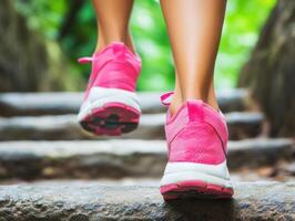 Bright pink shoes navigate rocky steps in lush forest trail photo