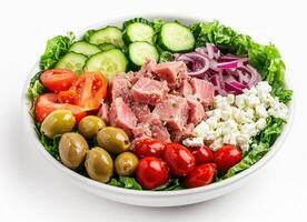 Fresh salad with vegetables and protein on a white background photo