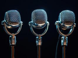 Microphones arranged in a row for a live performance setting photo