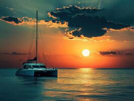 Catamaran sailing at sunset over calm waters photo