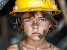Child miner working in a mine wearing a yellow helmet photo