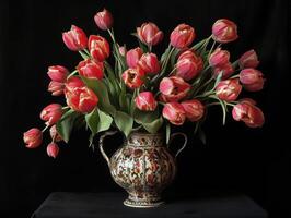 Colorful tulips in an ornate vase against a dark background photo