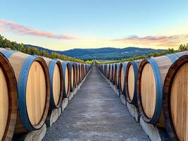 Oak barrels line a path through vineyards at sunset photo