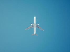 Airplane flying high in the clear blue sky during daytime photo
